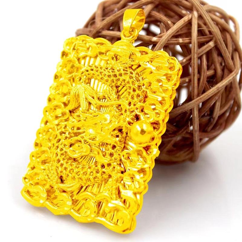 Chinese Style 3D Hard Gold Dragon Pendant with Auspicious Clouds - Zodiac Dragon Dog Tag in Copper Gold Plating