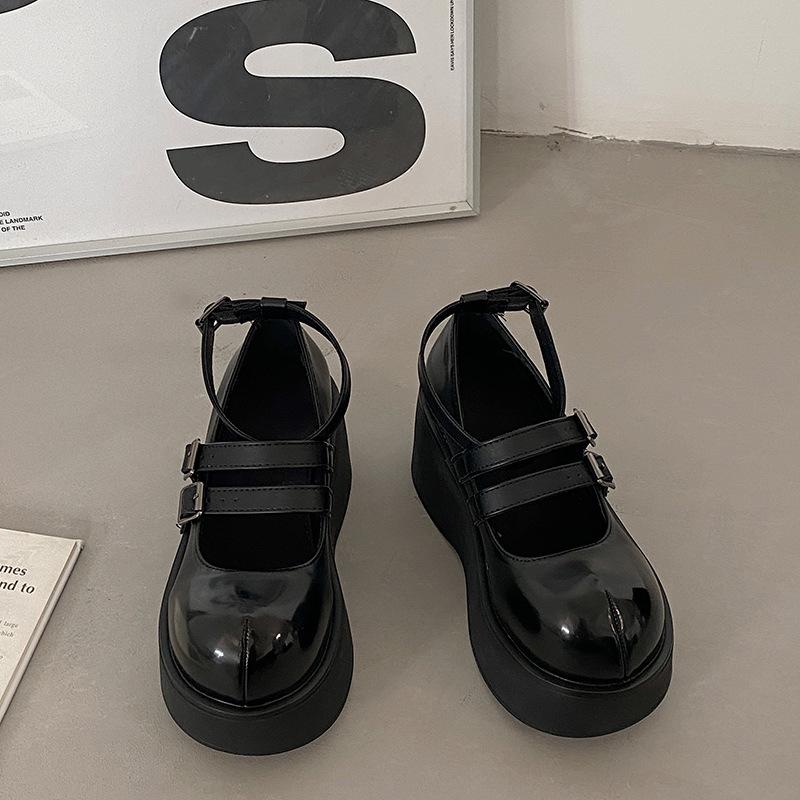 2024 Vår Høst Damesko med Kraftig Høy Hæl Enkelsko Svarte Platform Snøresko Elegante Runde Tå Mary Jane Loafers Sko