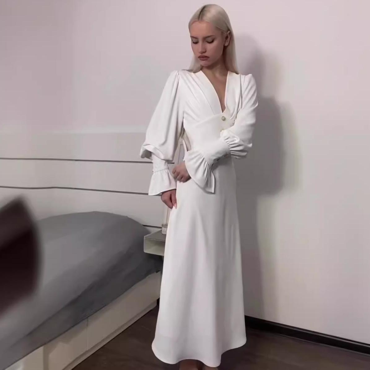 

2024 Осень Женское Однотонное Элегантное Платье с V-образным Вырезом, Поясом на Талии, Приталенное, с Длинным Рукавом XXXL белый