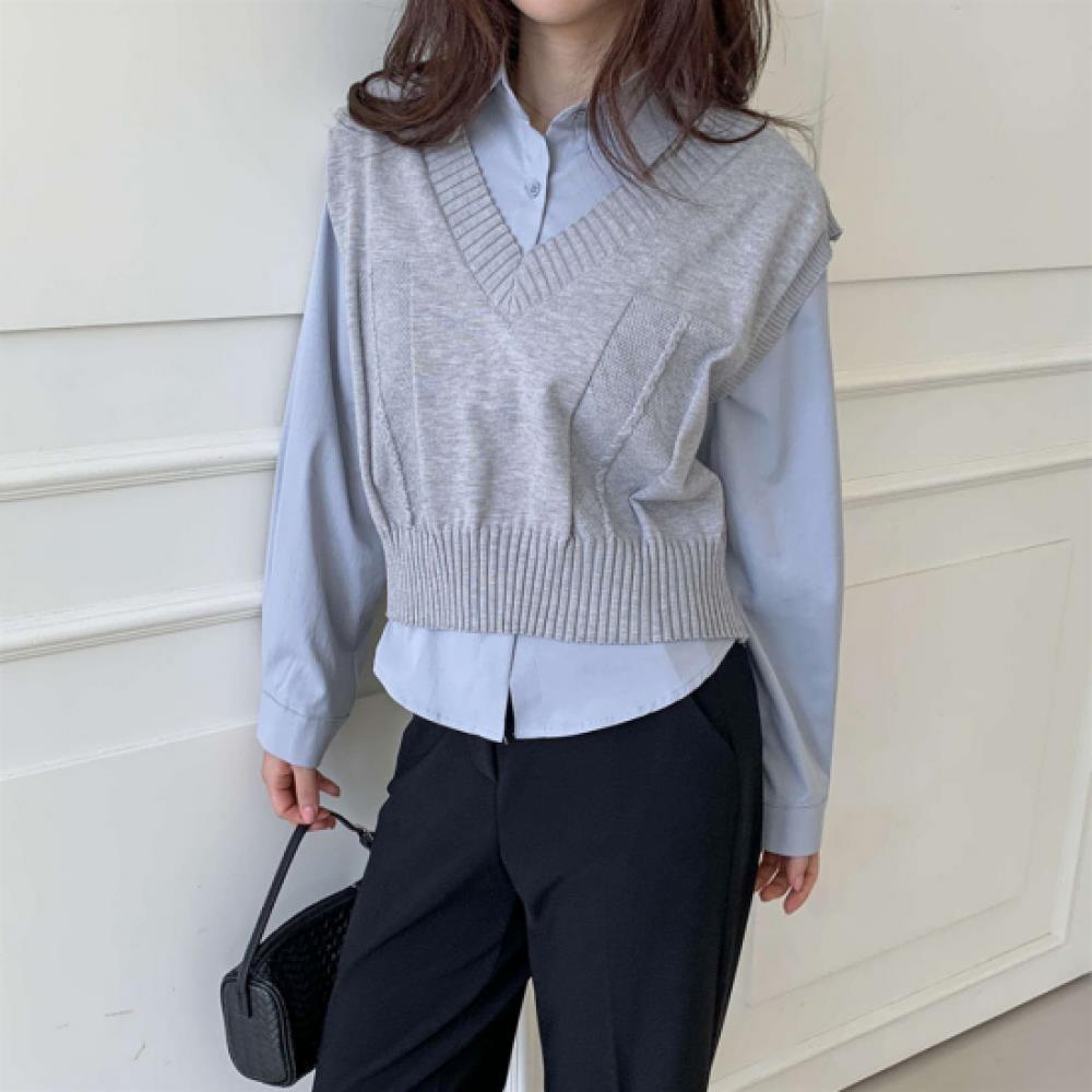 New Arrivals Open Run Women Ribbed Knit Vest And Cotton Shirt Set