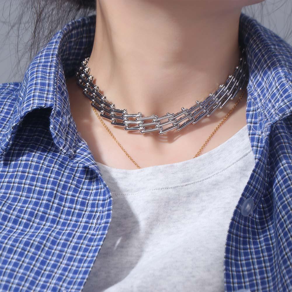 Mesh Design Exaggerated Cuban Chunky Chain Zinc Zinc Alloy Clavicle Chain Fashion Hip Hop Necklace  Summer