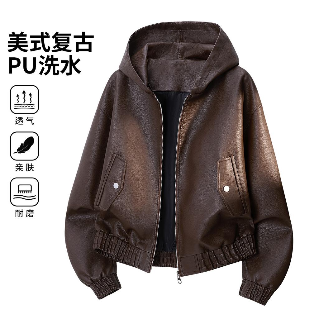 American solid color hooded locomotive clothing middle-aged and young leather clothing autumn and winter new racing clothing tide brand cardigan PU le