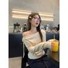Apricot Sexy Swing Collar Off-Shoulder One-Shoulder Long-Sleeve T-Shirt Women's Early Autumn Style Pleated Bow Tie Waist Inner Top