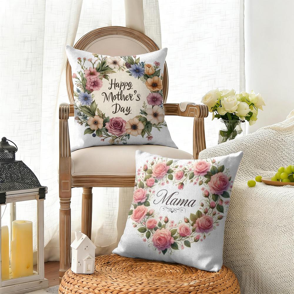 Happy Mothers Day Cushion Cover Summer Linen Pillow Case Organic Fabric Cushion Cover Double-Sided Print Sofa Home Decor