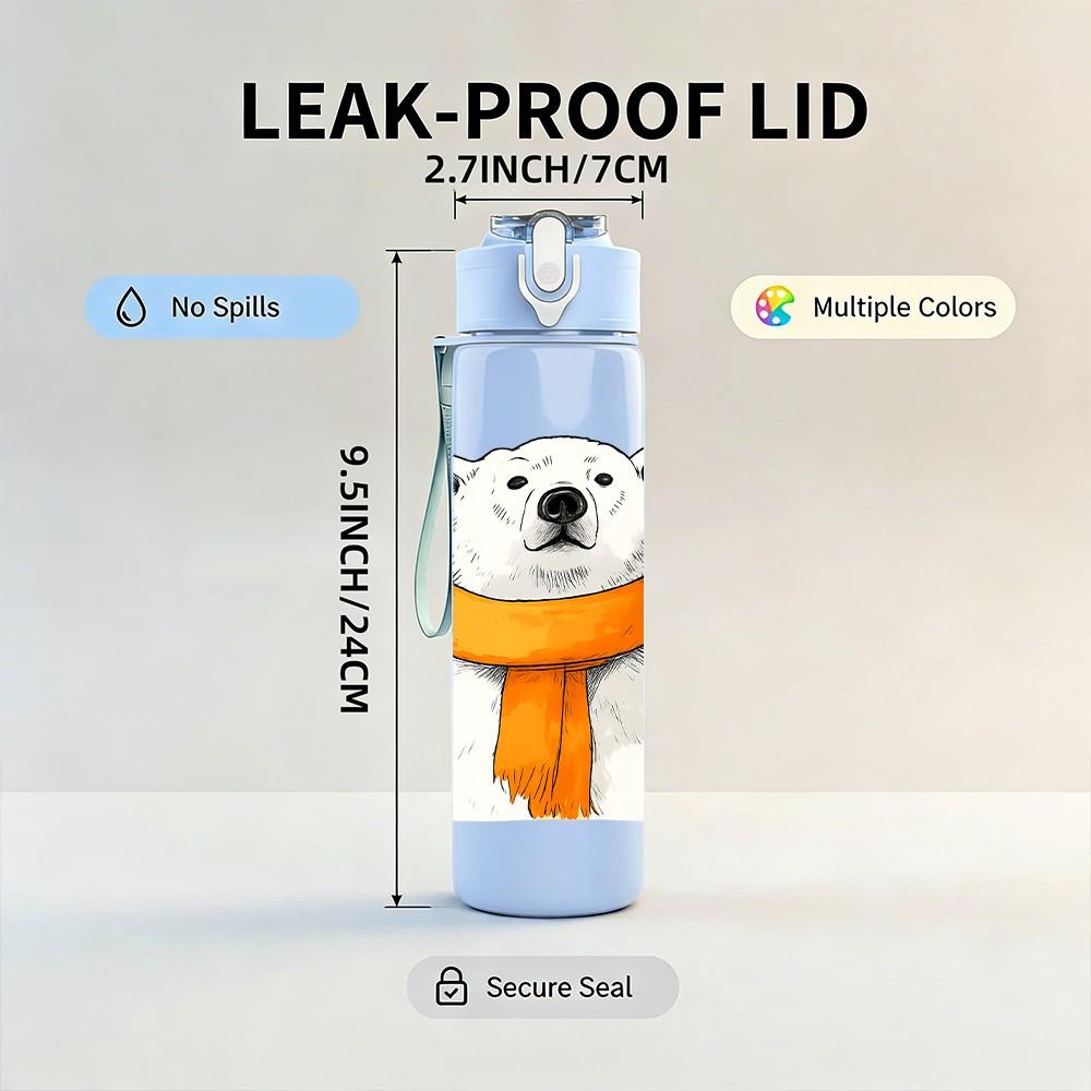 1PC Scarf Polar Bear Cartoon 750ml Color Plastic Sports Water Bottle Leakproof Flip Straw Lid Suitable for Sports Office Home Use