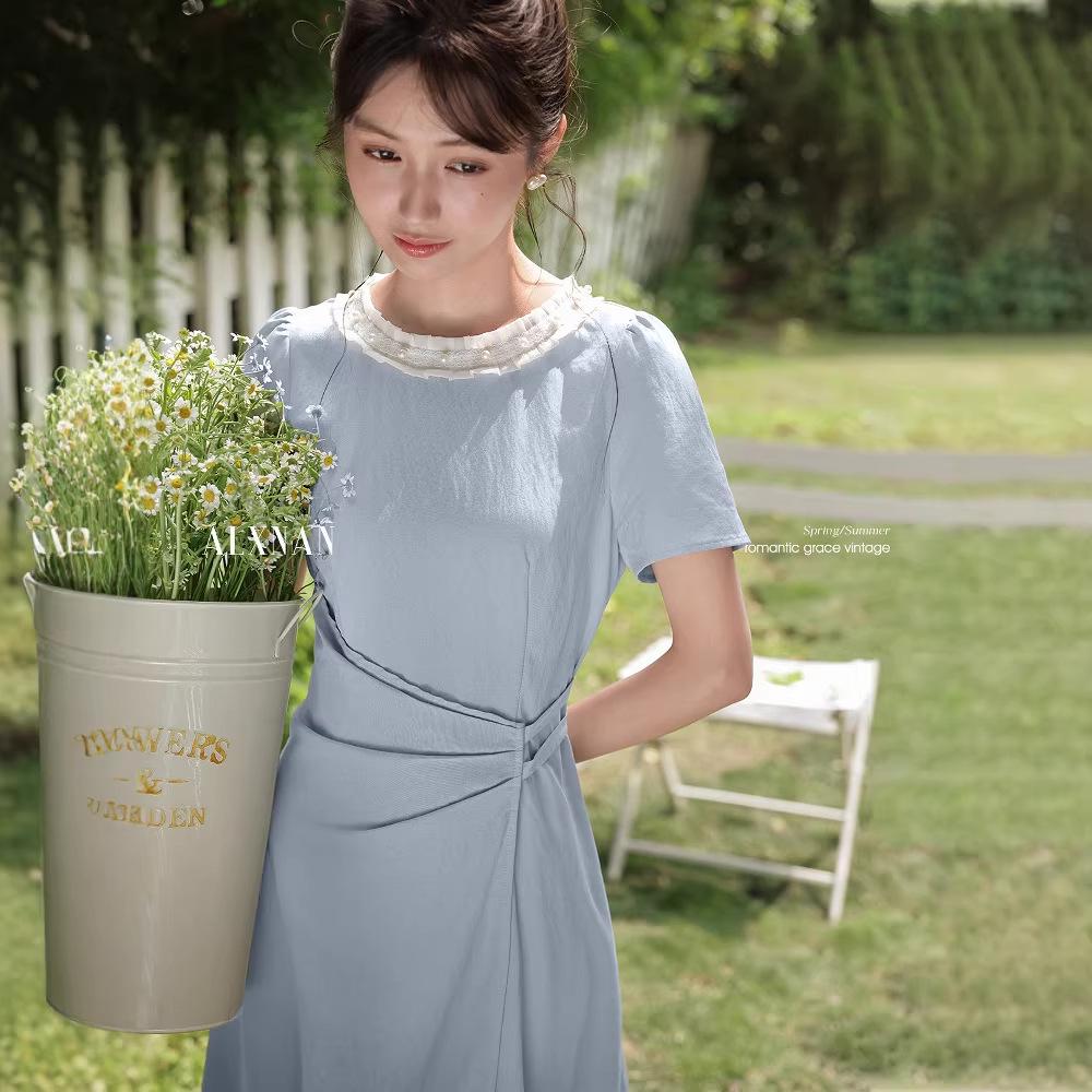Oxygen French Style Blue Cinched-Waist Summer Dress - Women's Short-Sleeve, Fitted Long Skirt