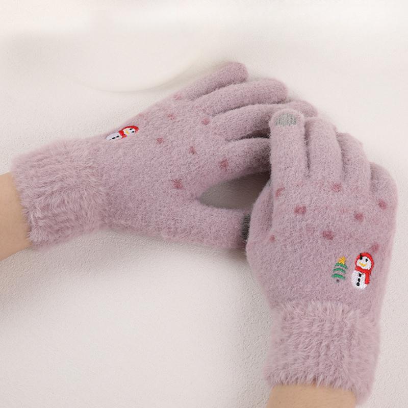 Women Winter Warm Gloves Snowman Embroidery Glove Touch Screen Mittens