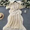 High-end Knitted Splicing Irregular Mesh Dress Women's Summer French Waist and Thin Temperament Sleeveless Long Dress
