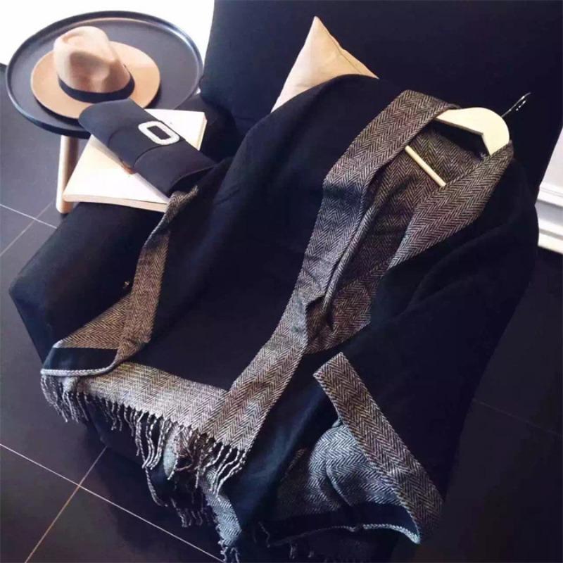 Women Faux Cashmere Tassel Shawl Black Gray Solid Winter Autumn Scarf