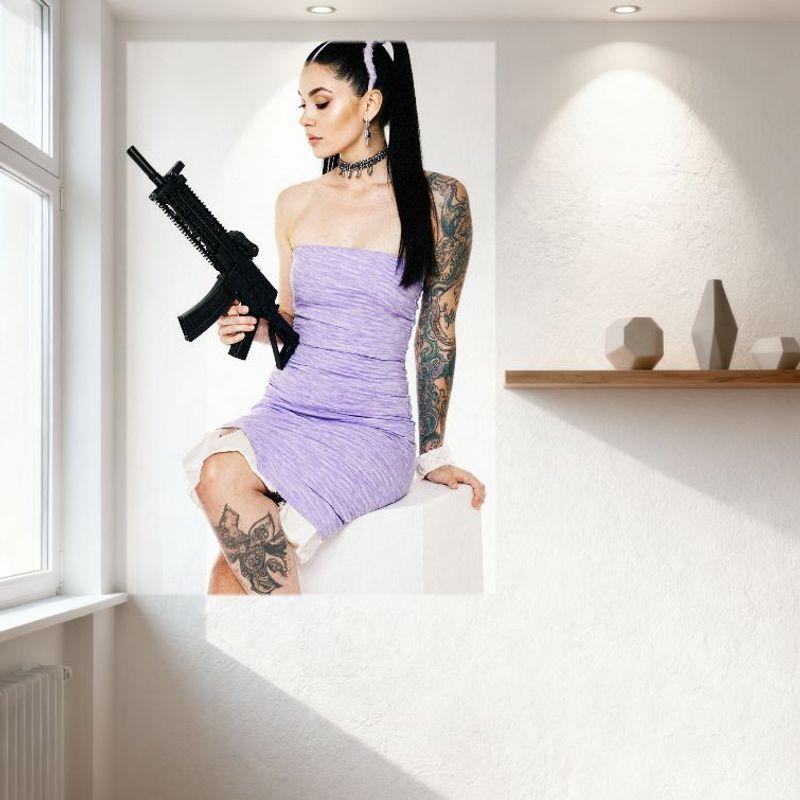 Sexy Woman High Ponytail Light Purple Dress Tattooed Arm Black Rifle Tin Sign Vintage Metal Wall Decor for Home Bar Pub Decorati