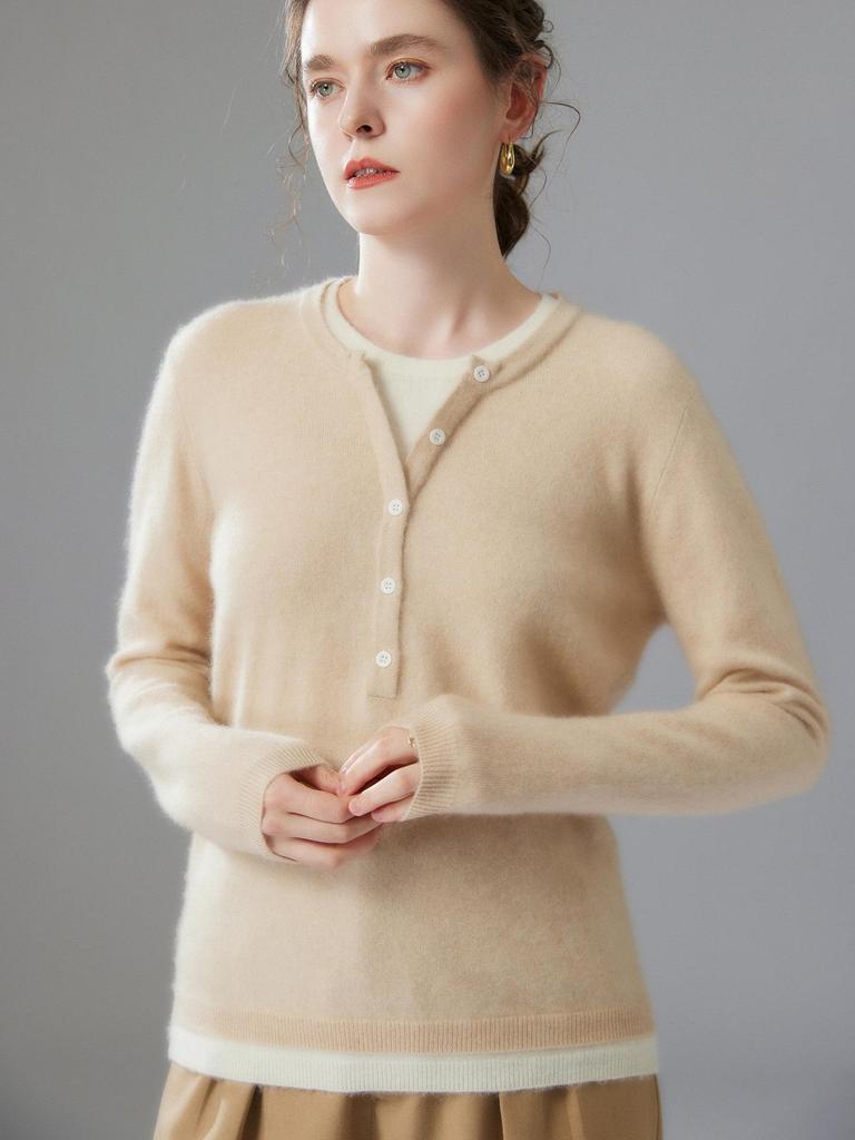 Stylish Women's Faux Two-Piece Cashmere Knit Sweater - Loose, Slimming, Versatile Pullover