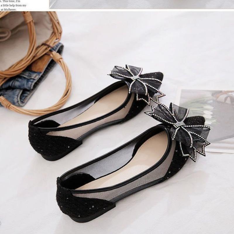 Women's Flat Mesh Shoes Diamond with Bow Pointed Toe Ladies Footwear Casual Non Slip Luxury Brand Elegant and Fashionable Y2k On