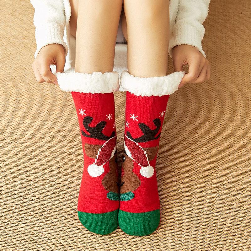 Women's Winter Velvet and Thick Christmas Glue Non Slip Home Sleeping Moon Floor Socks