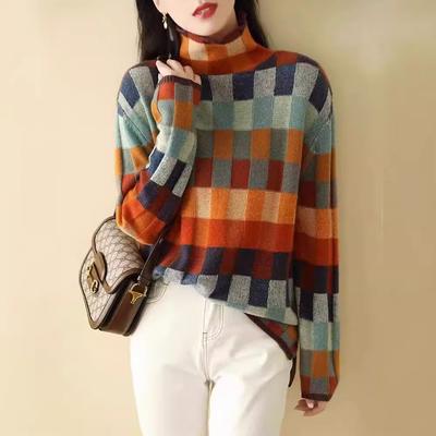 Winter Knitted Women Sweater Plaid Korean Fashion  Turtleneck Long Sleeve Y2K Pullover Soft and Comfortable Sweaters