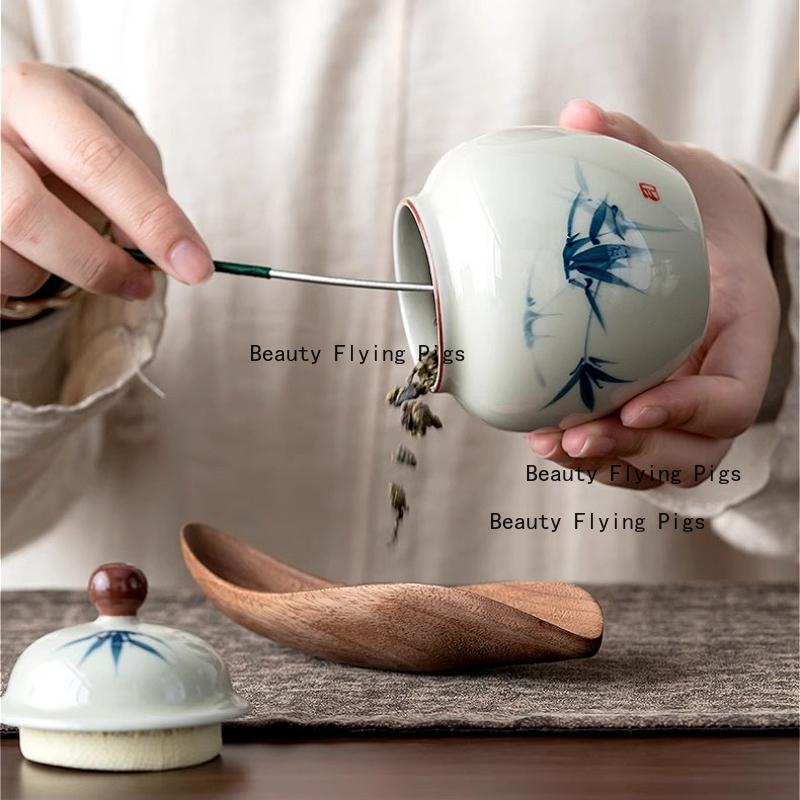 1pc Ceramic Tea Storage Jar Chinese Moisture-proof Sealed Jar Tea Box with Lid Hand Drawn Storage Container Household Items