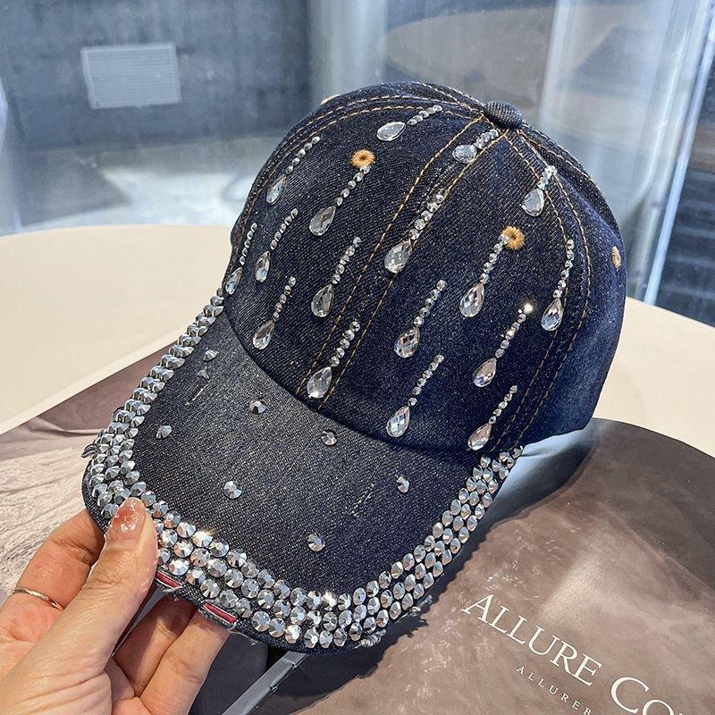 Funkelnde Strass-Denim-Baseballkappe für Damen Bling-Kristalldekor Verstellbar Lässig Outdoor-Sonnenhut Verstellbarer Cowboyhut