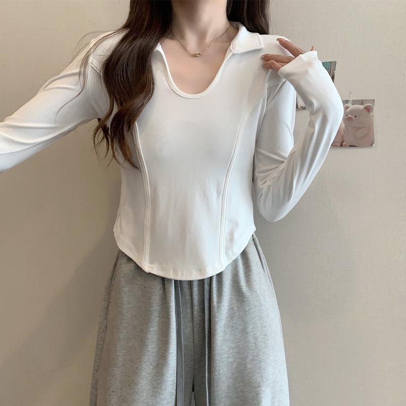 

Рубашка-поло с длинными рукавами для женщин на осень, облегающая короткая футболка с U-образным вырезом, топ с высокой талией и открытыми плечами для горячих девушек 2XL белый