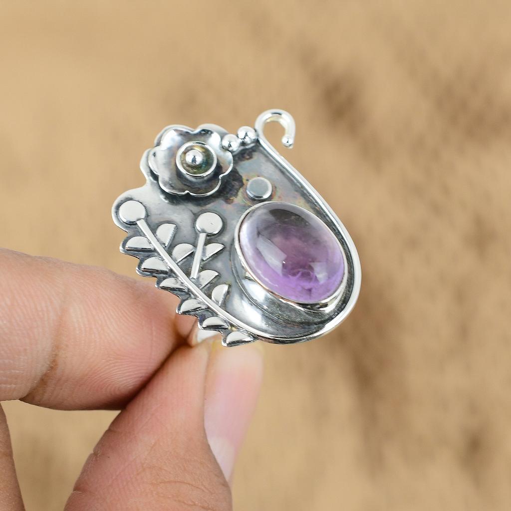 925 Silver African Amethyst Stone Flower Promise Sister Statement Ring Jewelry