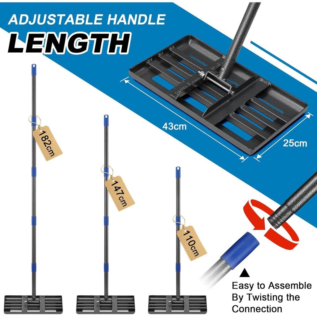 Lawn Leveling Rake, 43 X 25 Cm Levelawn Tool with Effort Saving Curved Edge, 6 FT Metal Lawn Leveler Heavy Duty, Move Soil Ground Surfaces Freely