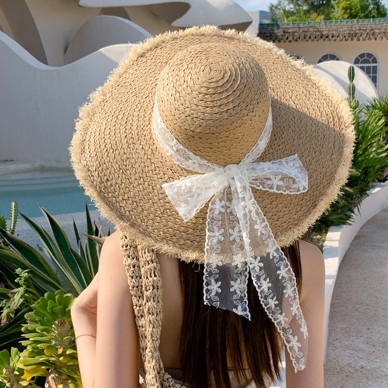 Spring and summer rough edge straw hat fashionable streamer large brim hat women's breathable sunshade straw woven face small sunscreen hat