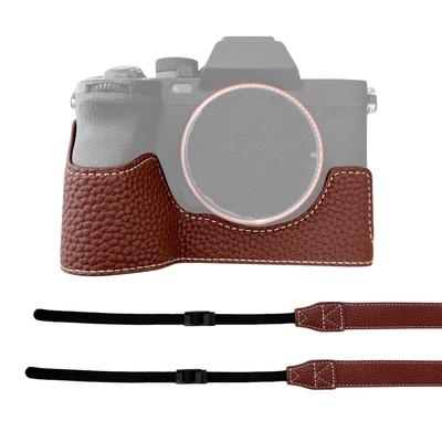 Camera Half Case Camera Body Bottom Case PU Leather Half Camera Case with Shoulder Strap Opening Bottom and Hand Grip