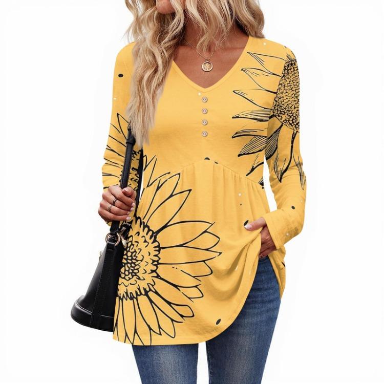 Retro Floral Print Long Sleeve Top Women Casual V Neck Button Blouse