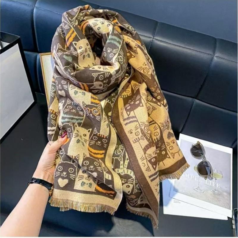 Women's Fall and Winter Faux Cashmere Cartoon Cozy Shawl Student Printing Warm Scarf