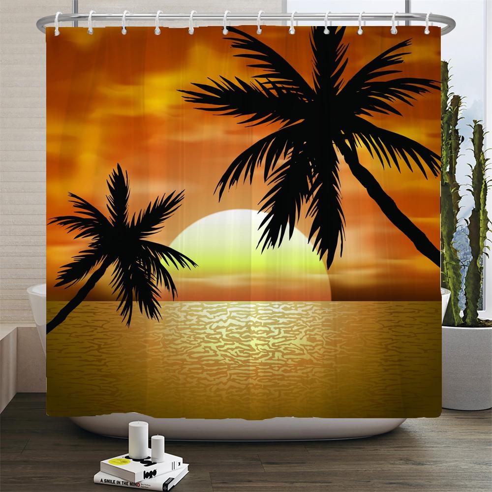 Strand Sonnenuntergang Palmen Landschaft 3D-Druck Duschvorhang Polyester Wasserdicht Heimdeko Vorhang Mit Haken Große Größe 300x180