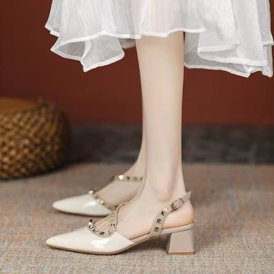 New Style of Flip-flops Riveted Shoes Pointed-toe Thick-heeled High Heels