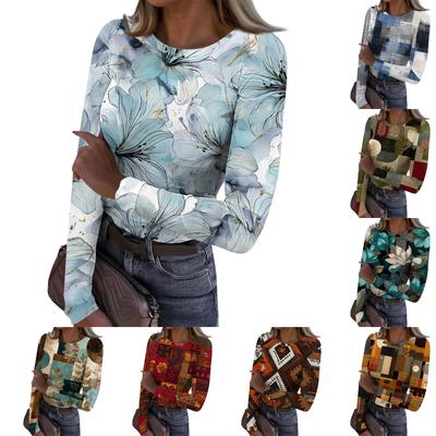 Women's Casual Fashion Round Neck Retro Print Long Sleeve Ribbed Top