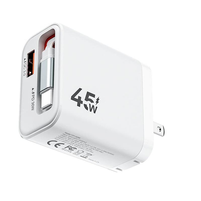 PD45W Foldable Charger with Built-in Cable for Apple & Samsung - US/EU/UK Standard, Fast Charging