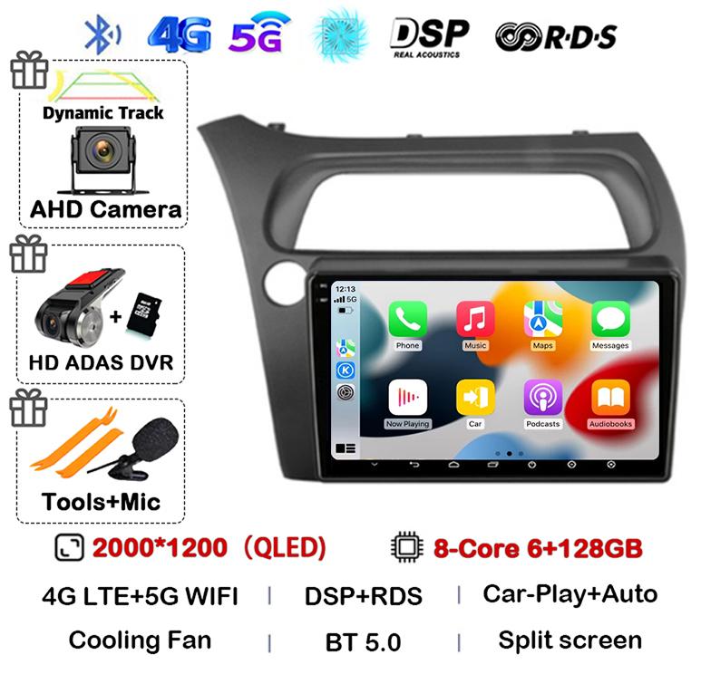 Android 14 WIFI+4G Carplay Car Radio For Honda Civic Hatchback 2006 2007 2008 2009 2010 2011 Multimidia Video Player GPS Stereo