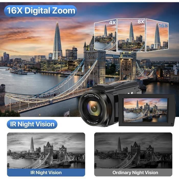 4K Camcorder UHD Video Camera 48MP WiFi IR Night Vision, 16X Digital Zoom.