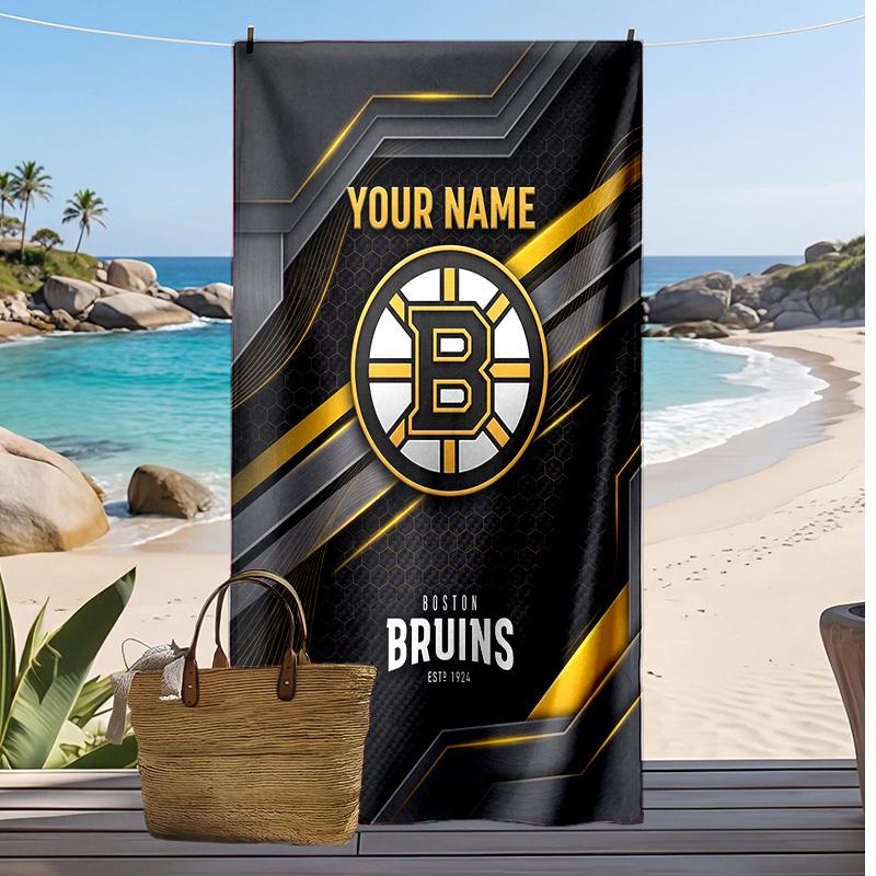 Boston Bruins Custom Beach Towel, Print Your Name Text Lightweight Absorbent Towel for Swimming Travel