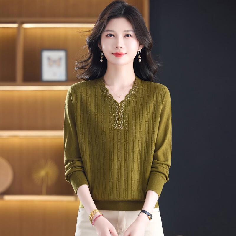 Women's V-Neck Ribbed Knit Long-Sleeve Mature Top