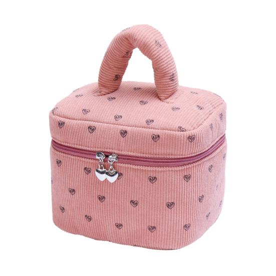 Corduroy Makeup Bag with Heart Pattern Portable Travel Cosmetic Bag Zipper Makeup Pouch Toiletry Organizer Purse for Women Girls