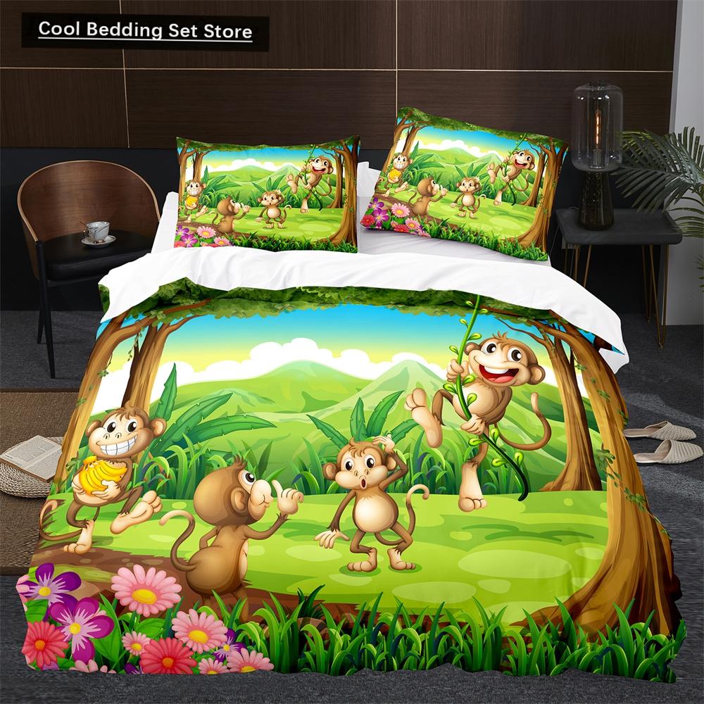 Affe Bettbezug King Queen Lieblich Cartoon Tier Bettwäsche Set für Kinder Junge Mädchen Grün Dschungel Baum 2/3tlg. Polyester Steppdeckenbezug