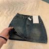 Women's Retro Distressed High-Waist Denim Mini Skirt, Plus Size, Versatile, Anti-Exposure, Summer 2024 Collection.