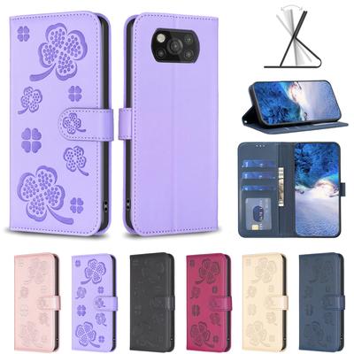 Lucky Clover Four Leaf Clover Pattern PU Leather Card Slots Wallet Phone Case for Xiaomi Redmi 10,POCO X3,M6,C31,13C,K70,A1,Note 11,Note 12,Note 13...