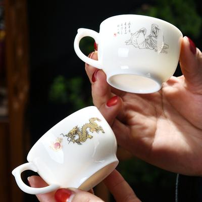 Chinese Kungfu Teacup with Heat Resistant Handle Porcelain White Jade Tea Cup for Oolong Pu Erh Tea Ceremony Personal Use