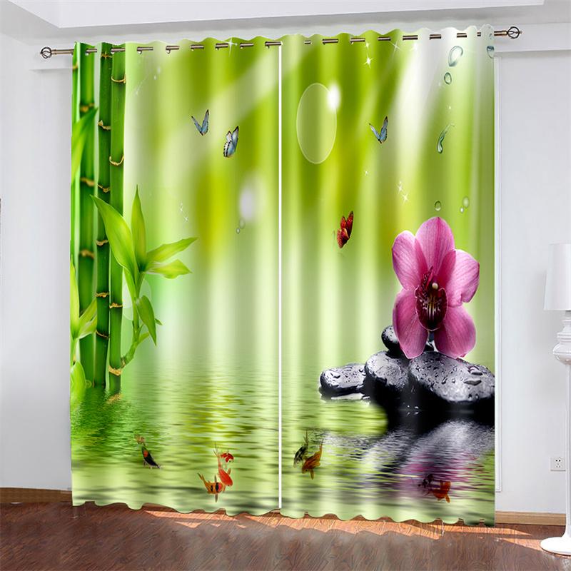 Perdea de Fereastră Ieftină din Poliester cu Imprimeu 3D Verde Zen Spa Pietre Lotus Bambus Herbal Subțire Semi Umbrire pentru Dormitor Living Cârlig