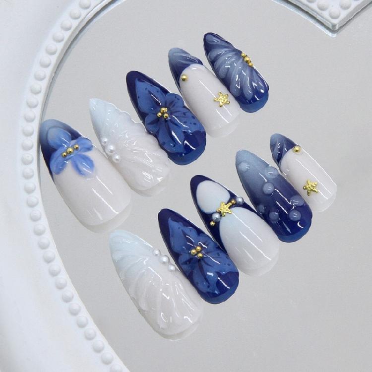 24Pcs Party Perfect Artificial Nail with Vintages Blue Lilies Bubble Stripe Pearls Design ABS Comfort