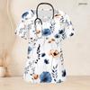 Top de uniforme rosa floral para mujer de talla grande, cuello con ojo de cerradura, manga corta, con bolsillos delanteros
