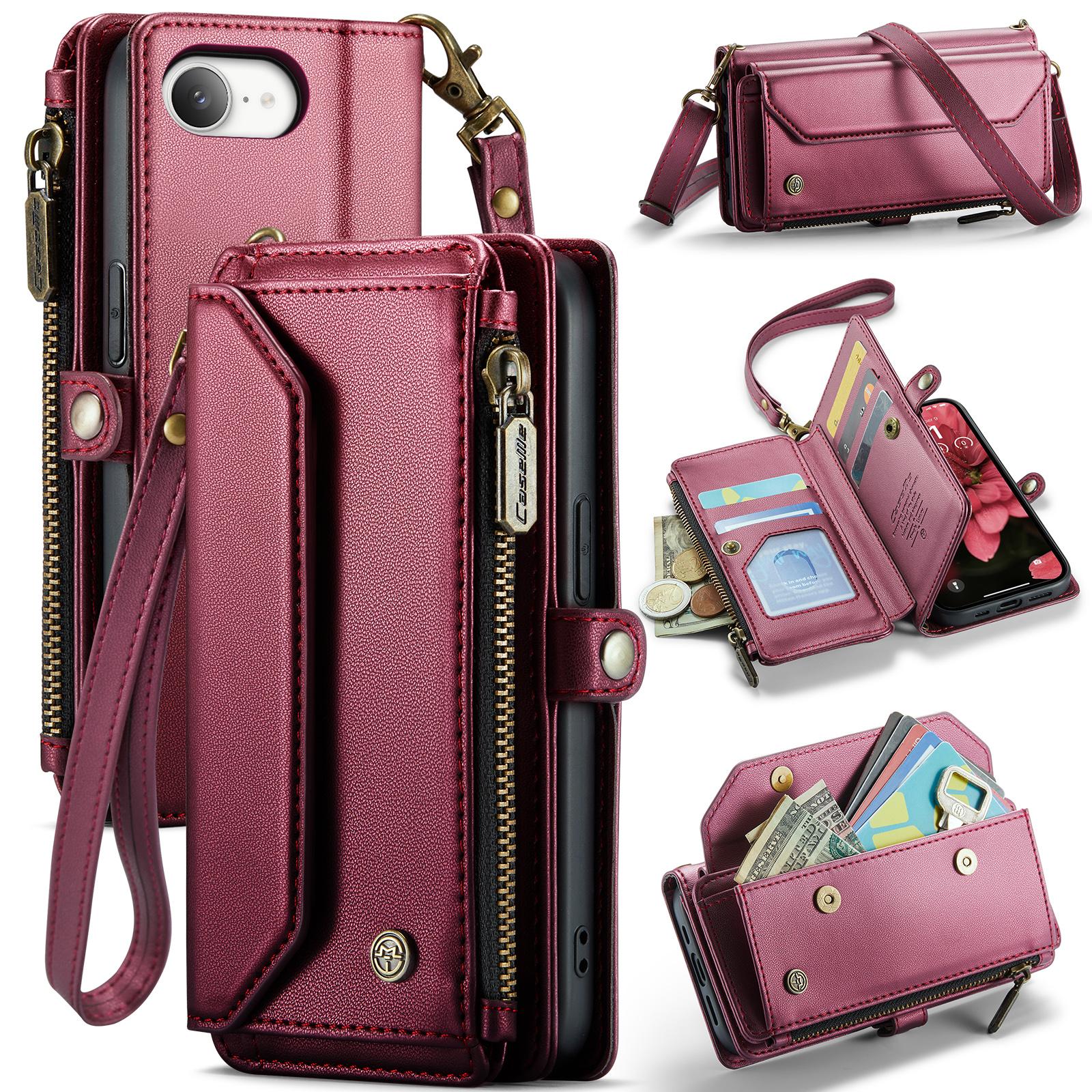 

For iPhone 16e Leather Case CASEME C36 Zipper Multiple Card Slots Phone Cover with Straps Red
