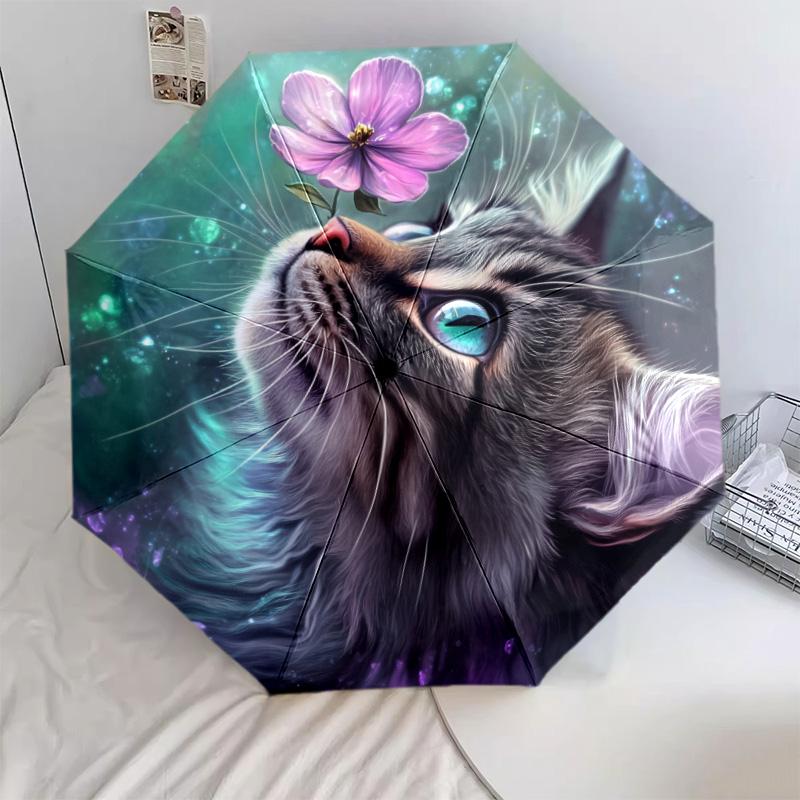 Plant Cat  pattern, automatic folding umbrella, portable and foldable design, 8 ribs, a Christmas or birthday gift.