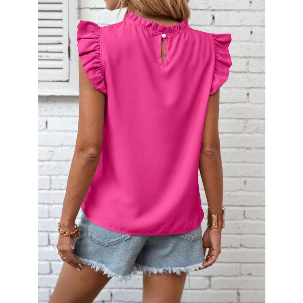 Women's Solid Sweet Crew NeckRuffled Sleeve Tank Top Summer European American Ladies Vest