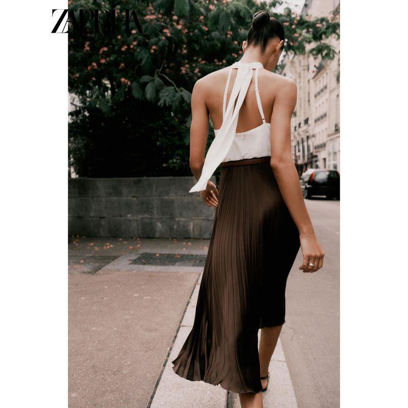 Zaprha 2025 Autumn New Fashion Small Pleated Patchwork Hanging Neck Collar Backless Midi Dress 8462335