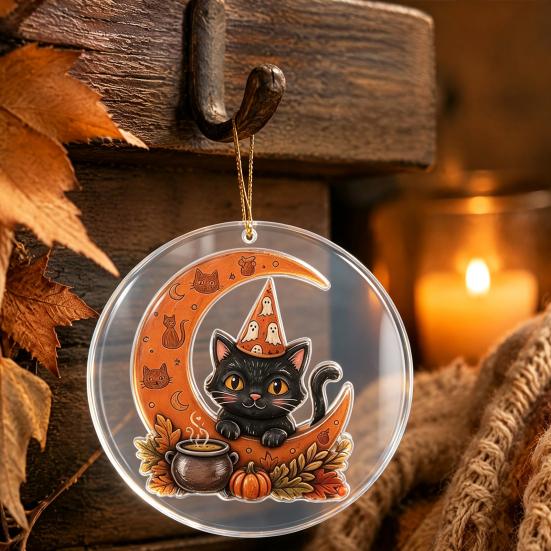 Decorative Wall Hangings Halloween Ghost Hanging Ornament, Double Side 2D Acrylic Black Cat Bat Skull Indoor Outdoor Decorations Pendant for