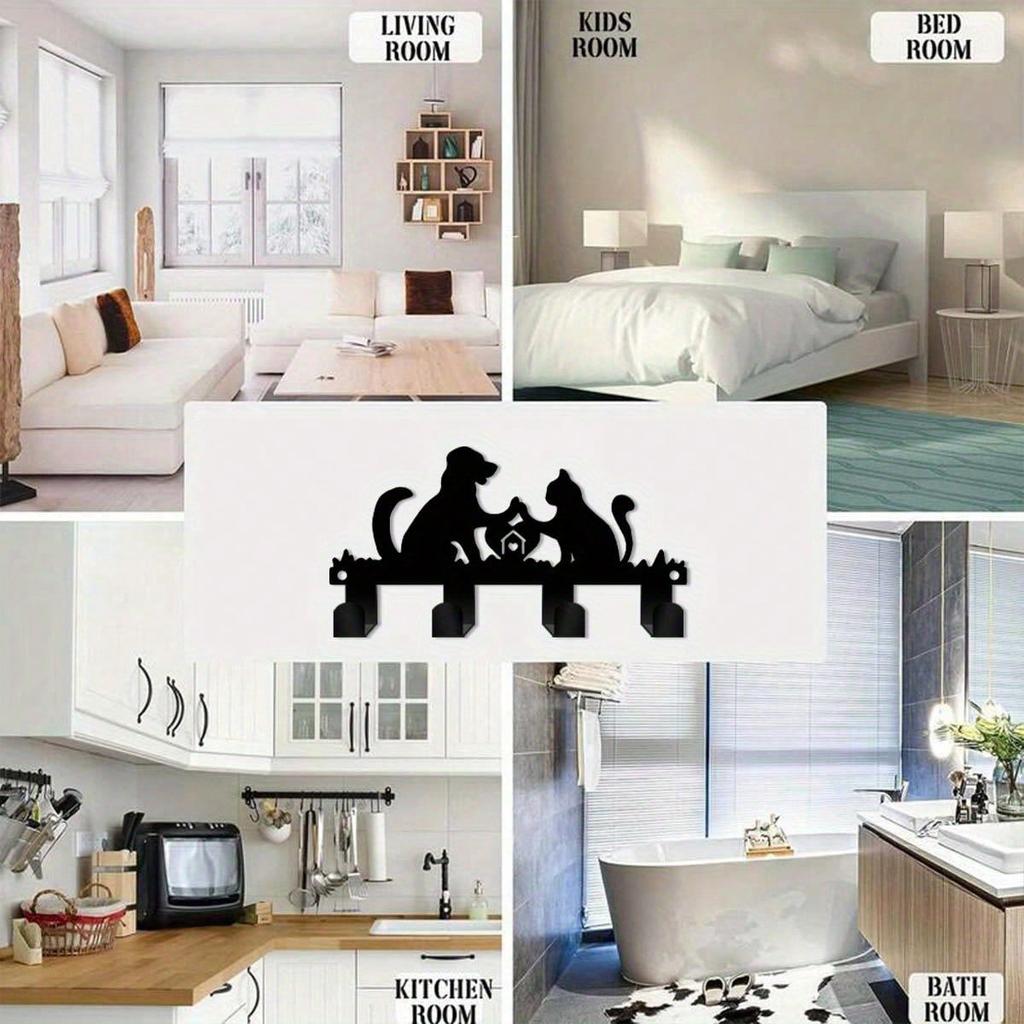 Pet Silhouette Key Holder Metal Wall Art Black Frame Boho Farmhouse Decor Gift for Pet Lovers