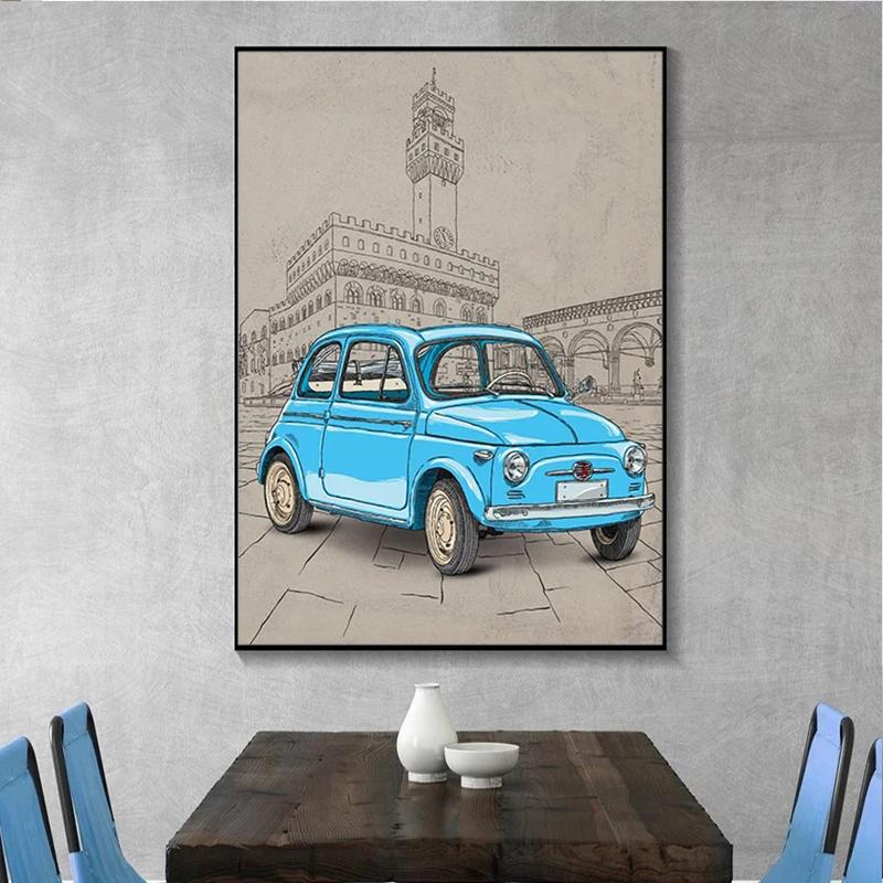 Italienischer Stil Berühmtes Gebäude Hintergrund Fiat 500 Rot Gelb Vespa Poster Druck Wandkunst Bild Leinwandmalerei Zimmer Heimdekor